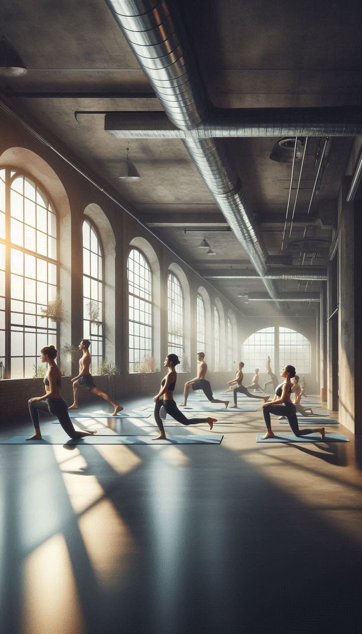 Participants spaced across a bright studio floor during an equipment-free movement workshop