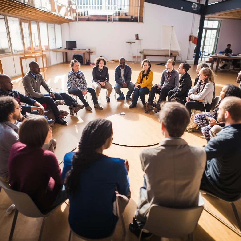 A small group seated in a relaxed circle during the closing minutes of a workshop